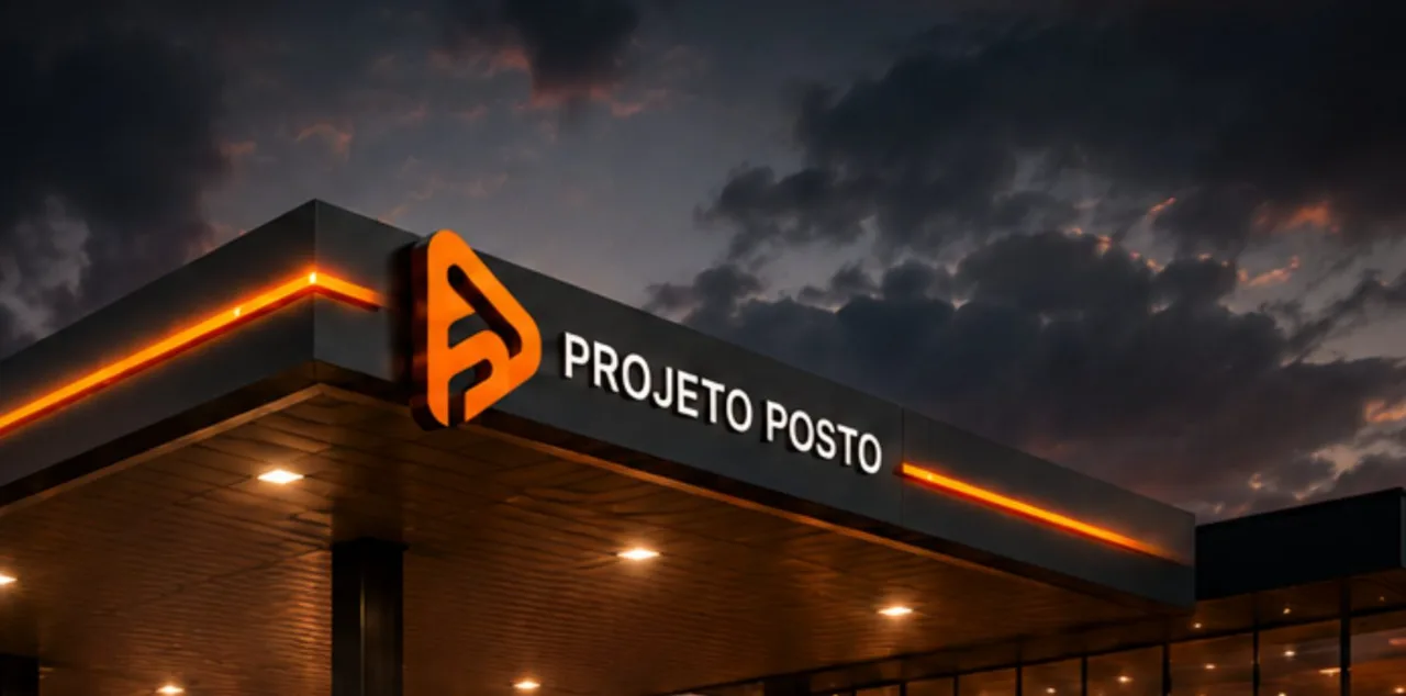 Posto de combustível Projeto Posto ao entardecer com identidade visual e iluminação em destaque